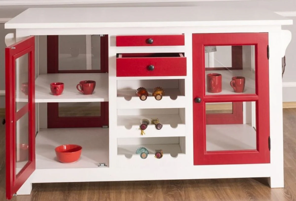 Casa Padrino isla de cocina de estilo campestre blanco / rojo 150 x 90 x A. 90 cm - Gabinete de cocina de madera maciza con 4 puertas de vidrio y 4 cajones - Muebles de Cocina de Estilo Campestre