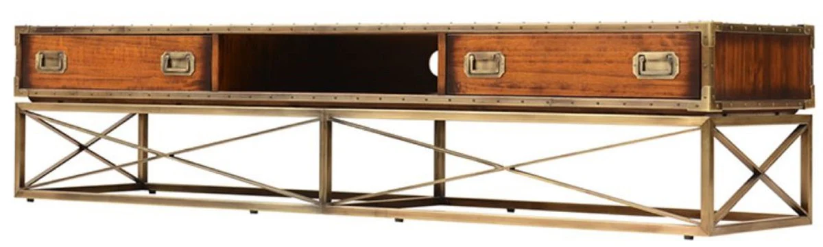 Casa Padrino armario de TV Lujo de estilo vintage marrón / latón 188 x 45,5 x A. 41,5 cm - Aparador de estilo vintage con 2 cajones - Mueble de salón de estilo vintage - Muebles de salón de lujo