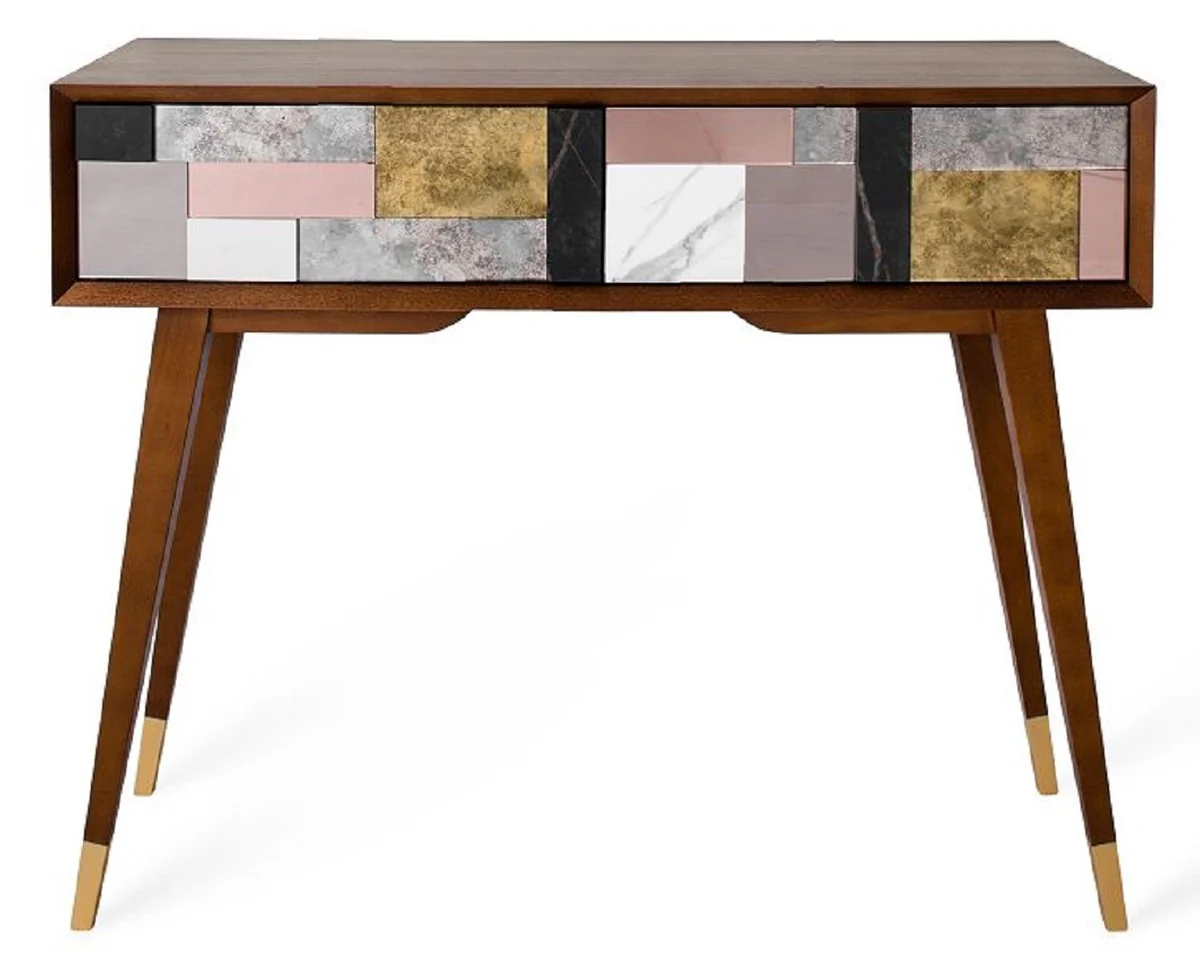 Casa Padrino Consola de Lujo Co?ac Mate / Multicolor / Oro 100 x 35 x A. 80 cm - Consola de Madera Maciza Espejada y 2 Cajones - Muebles de Lujo - Interiores de Lujo