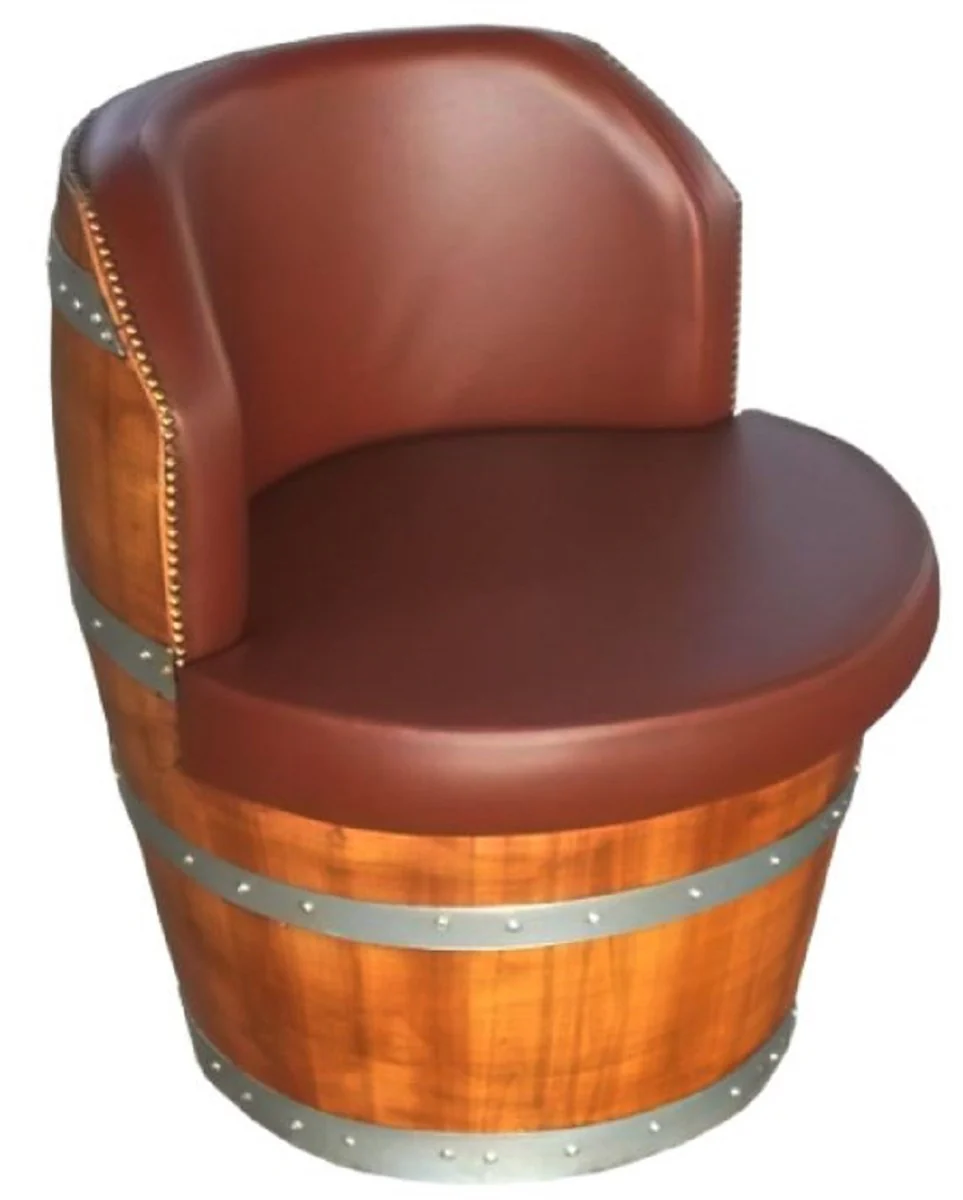 Casa Padrino sillón de barril de lujo marrón / natural / plata Ø 69 x A. 75 cm - Sillón de barril de vino tapizado de madera maciza - Muebles de Terrazas de Jardín de Gastronomía