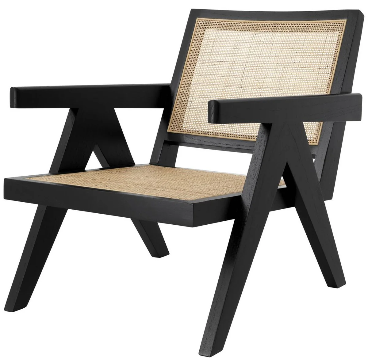 Casa Padrino silla de dise?o negro / natural 58 x 82 x A. 70 cm - Silla de madera maciza con reposabrazos y rat¨¢n tejido a mano - Muebles de Sal¨®n de Lujo