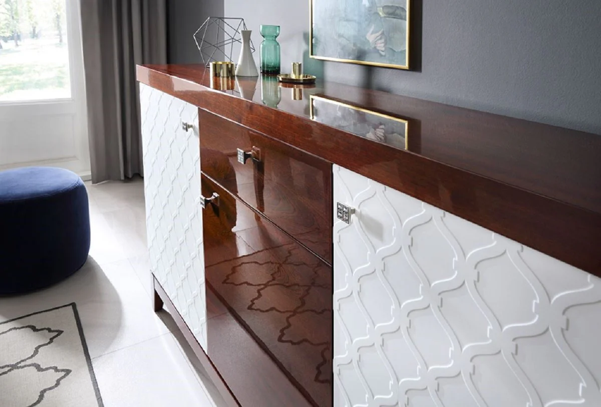 Casa Padrino cómoda de lujo con 3 puertas y cajón blanco / marrón brillante 171,4 x 45 x H. 96,6 cm - Muebles de Lujo