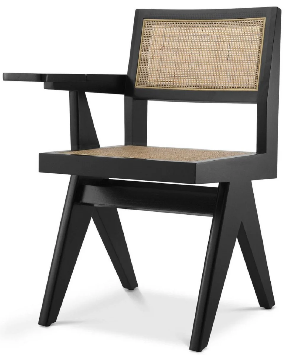 Casa Padrino silla de oficina de lujo negro / natural 44 x 54 x A. 85,5 cm - Silla de madera maciza con mimbre de rat¨¢n y estante - Muebles de oficina de lujo