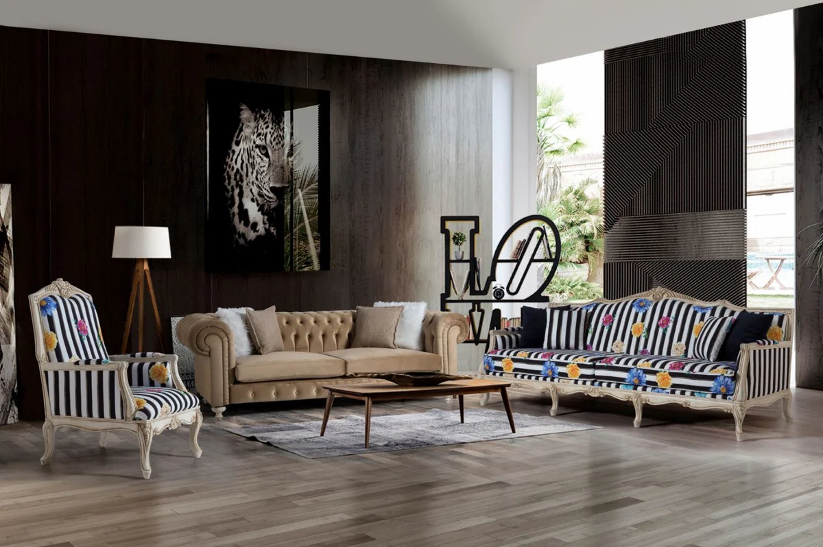 Casa Padrino sof¨¢ barroco de lujo negro / blanco / multicolor / crema antigua 245 x 80 x A. 100 cm - Sof¨¢ de estilo barroco a rayas con motivos florales - Muebles de sal¨®n barrocos