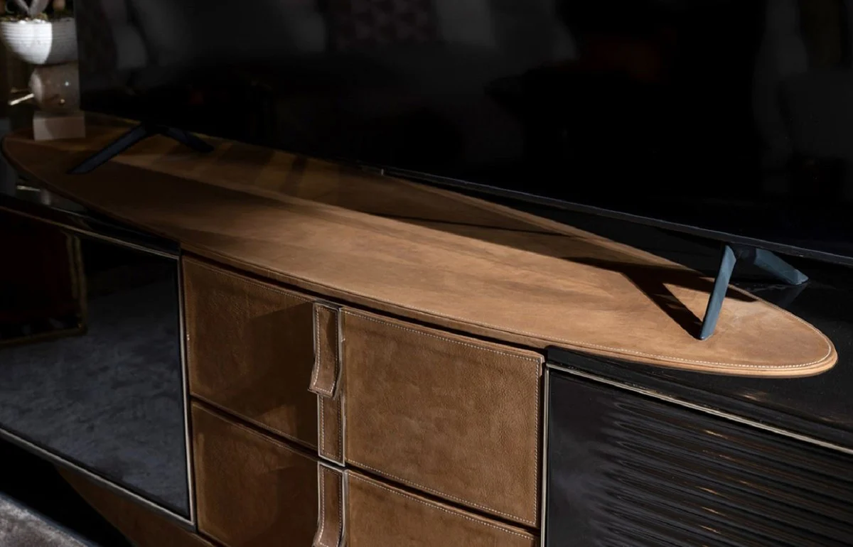 Casa Padrino gabinete de TV de lujo marr¨®n claro / marr¨®n oscuro / gris / oro 249 x 52,5 x A. 56 cm - Aparador de madera maciza con 3 puertas y 2 cajones - Muebles de sal¨®n - Muebles de lujo