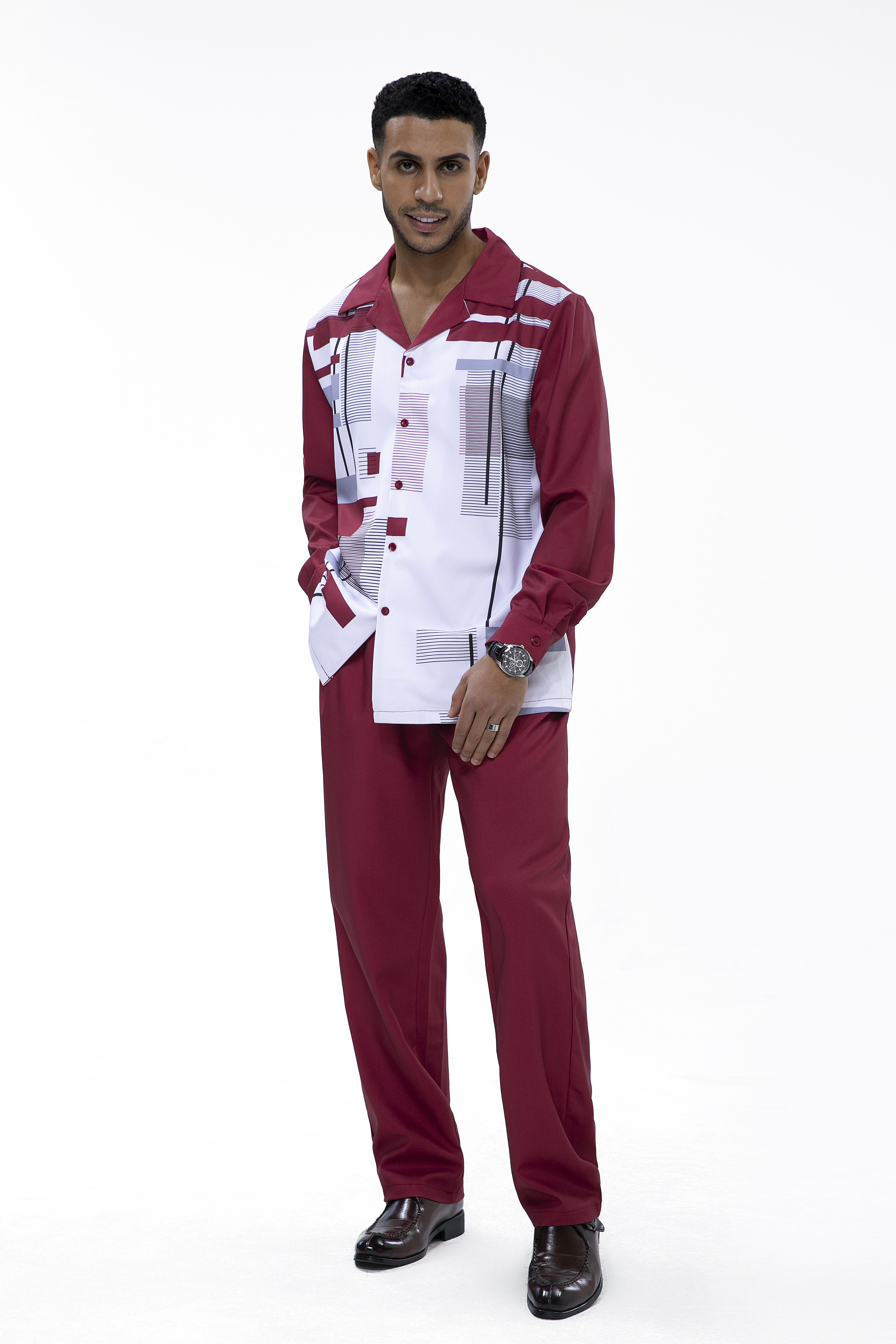 Suitmens Burgundy Geometric Print Walking Suit 2 Piece LongSleeve Set