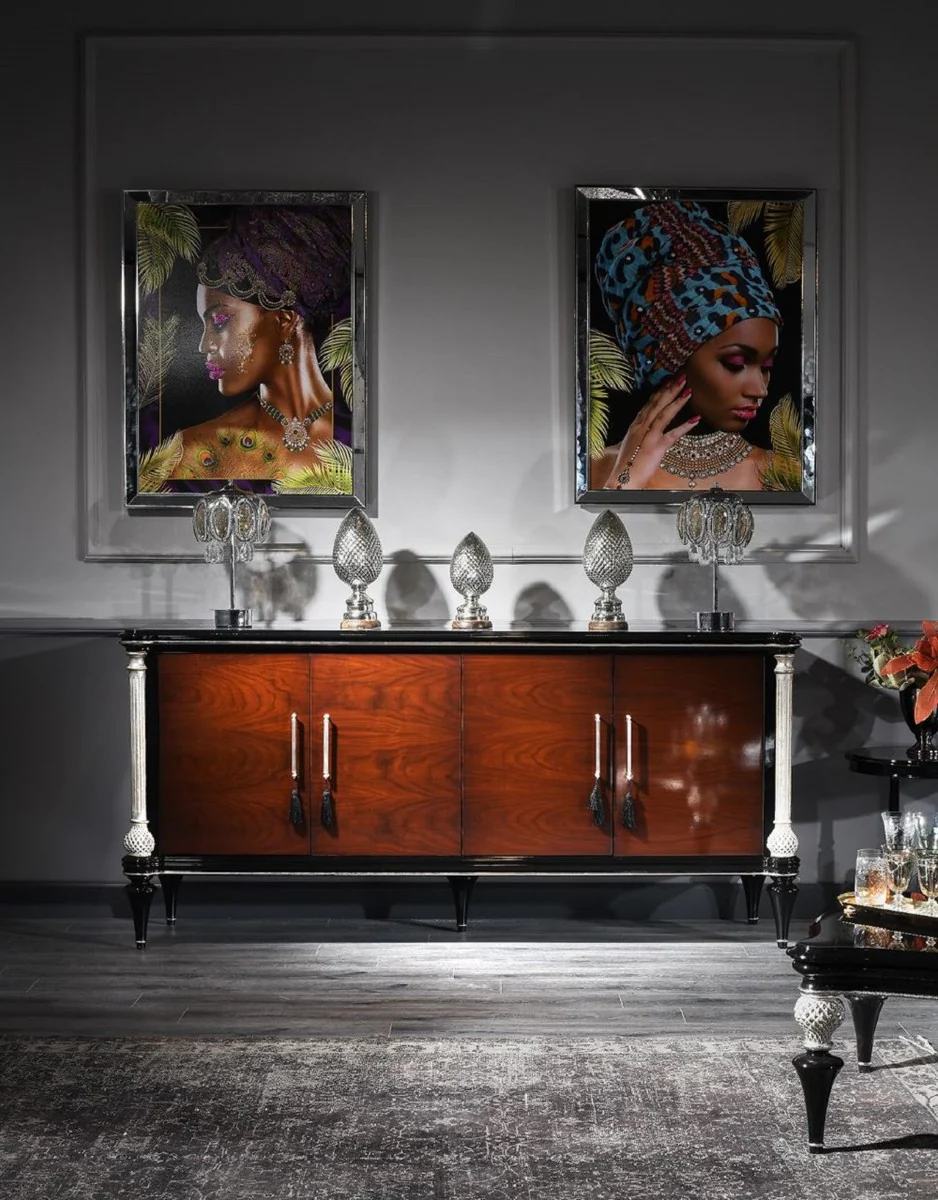 Casa Padrino aparador barroco de lujo marrón / negro / plata - Mueble noble de madera maciza con 4 puertas - Muebles Barrocos