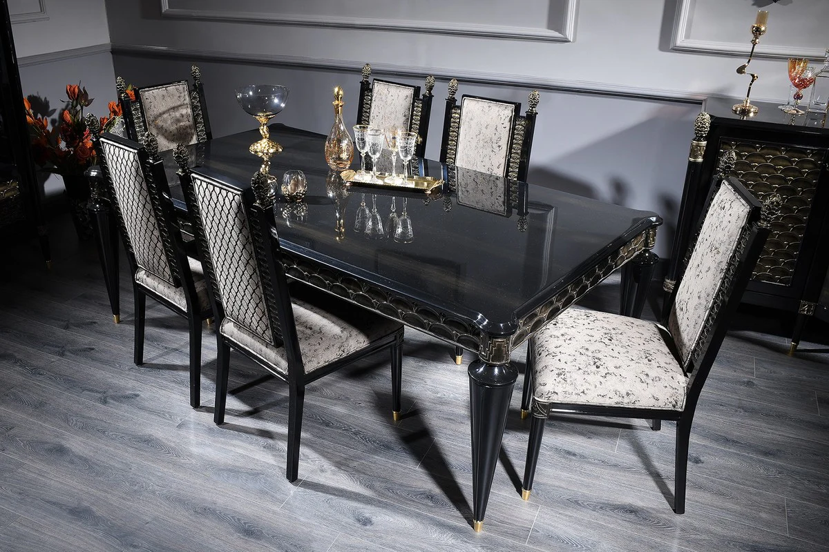 Casa Padrino conjunto de comedor barroco de lujo plata gris / negro / oro - 1 Mesa de Comedor y 6 Sillas de Comedor - Muebles de Comedor en Estilo Barroco
