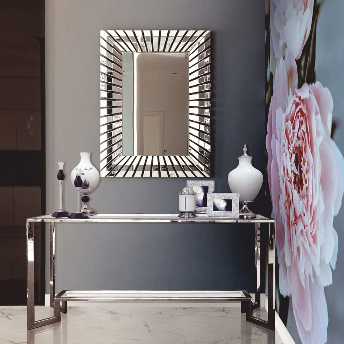 Casa Padrino consola de lujo de acero inoxidable con tablero de vidrio plata 160 cm - Muebles de lujo