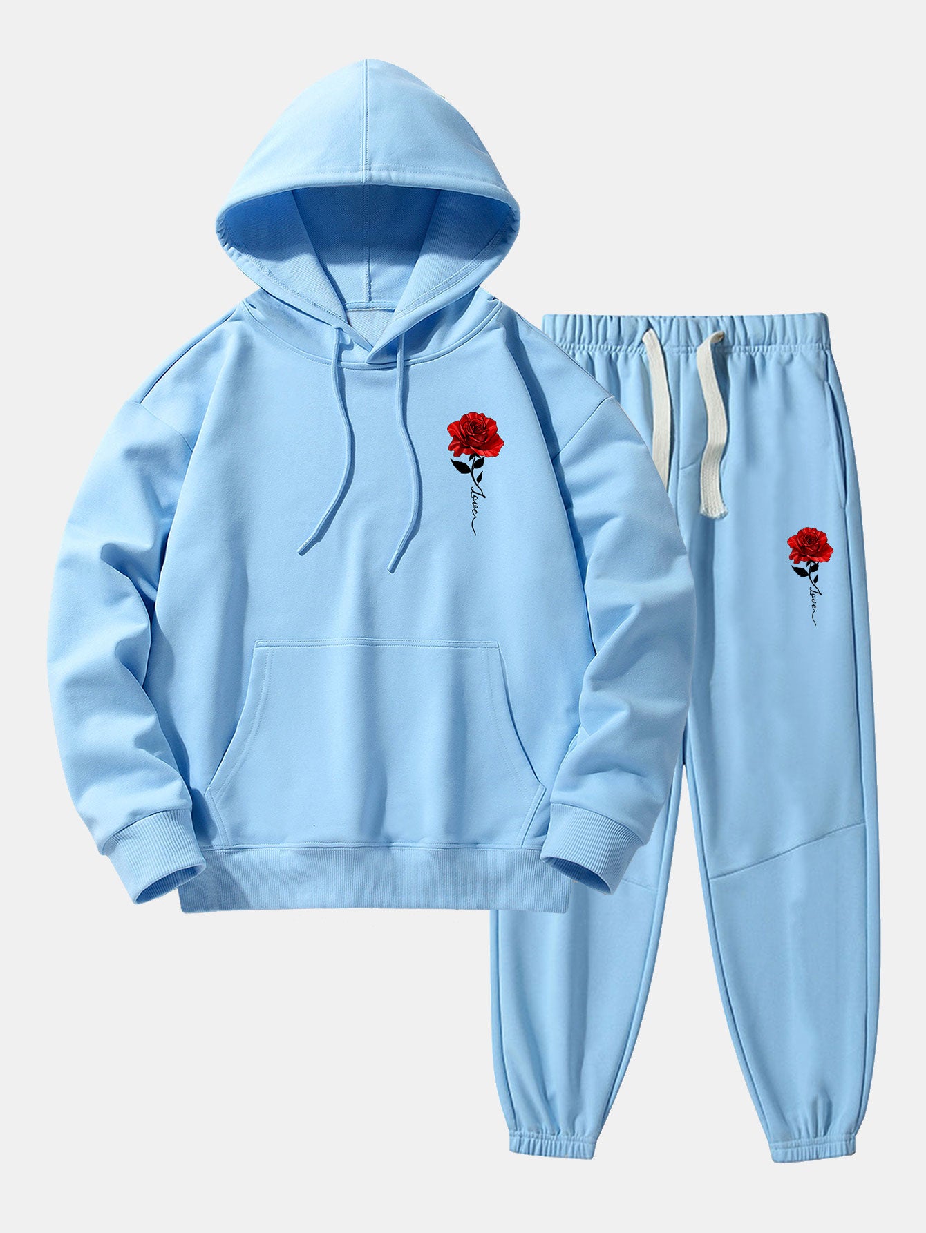 Rose Print Cotton Blend Hoodie & Jogger Pants