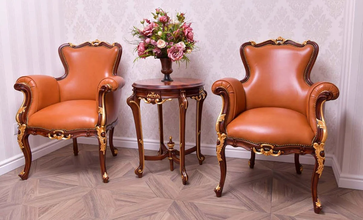 Casa Padrino sill¨®n barroco de cuero genuino de lujo marr¨®n / oro - Muebles de cuero barroco - Hecho en Italia