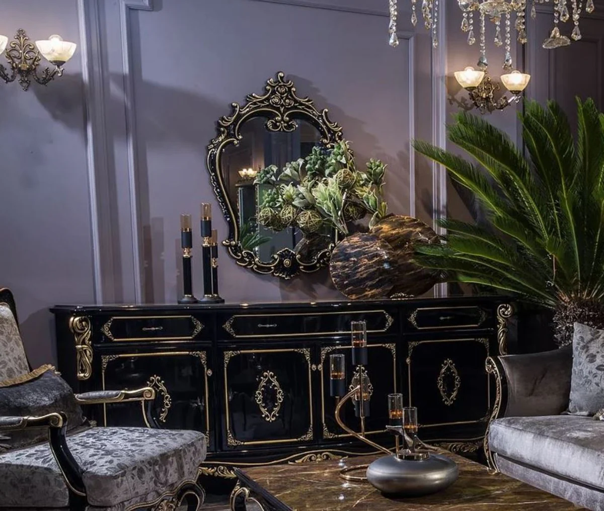 Casa Padrino conjunto de muebles barrocos de lujo aparador con espejo negro / oro - Magnífica mueble de madera maciza con elegante espejo de pared - Muebles de estilo barroco