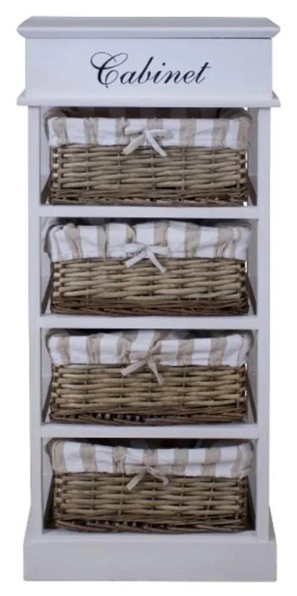 Casa Padrino country style chest of drawers white / natural colors 38 x 28 x H. 86 cm - Handmade Dresser with 4 Rattan Baskets