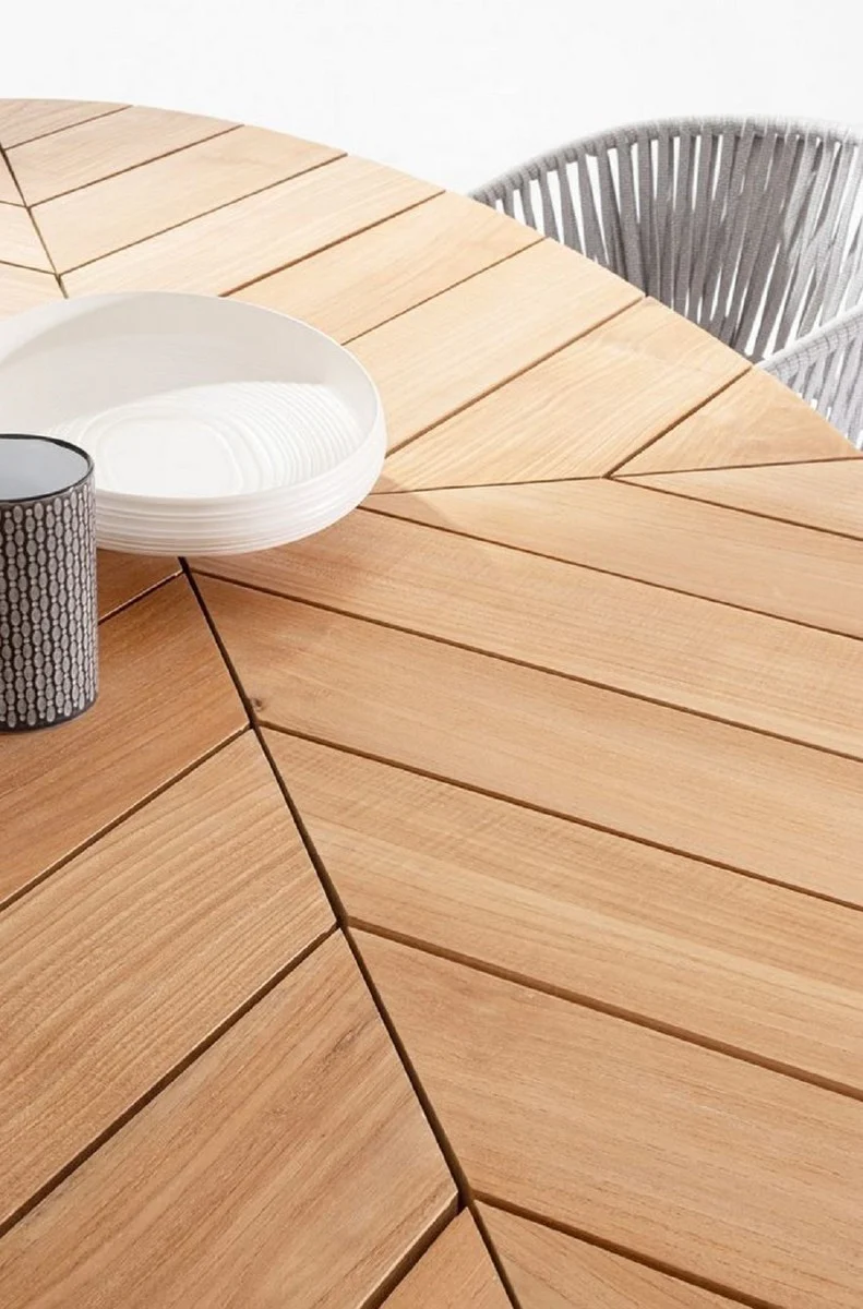 Casa Padrino mesa de jardín de lujo natural / blanco 240 x 110 x A. 77 cm - Mesa de comedor ovalada con tablero de teca - Mesa de jardín y terraza - Muebles de jardín y terraza de lujo