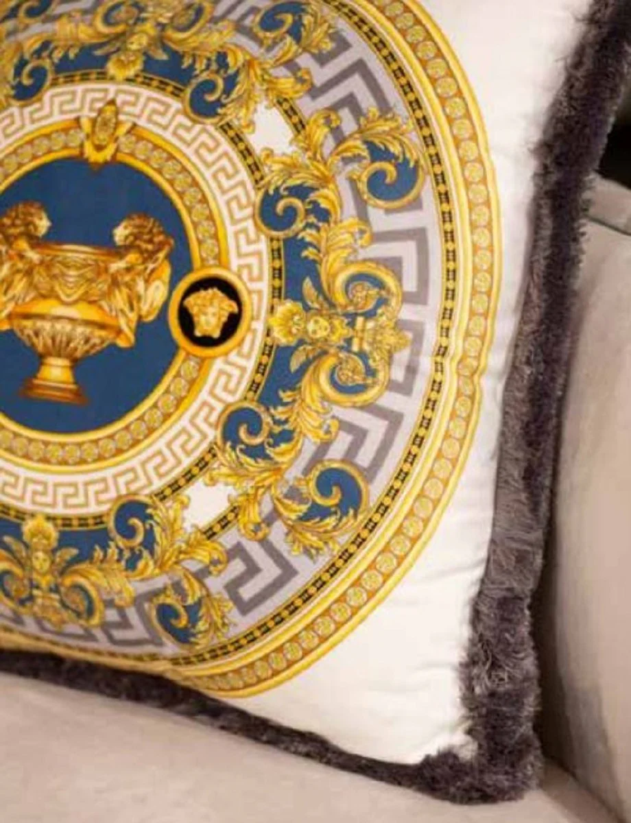 Casa Padrino almohada de terciopelo barroco de lujo jarrón con leones blanco / oro / gris 45 x 45 cm - Almohada decorativa estampada con flecos - Accesorios Decorativos Barrocos