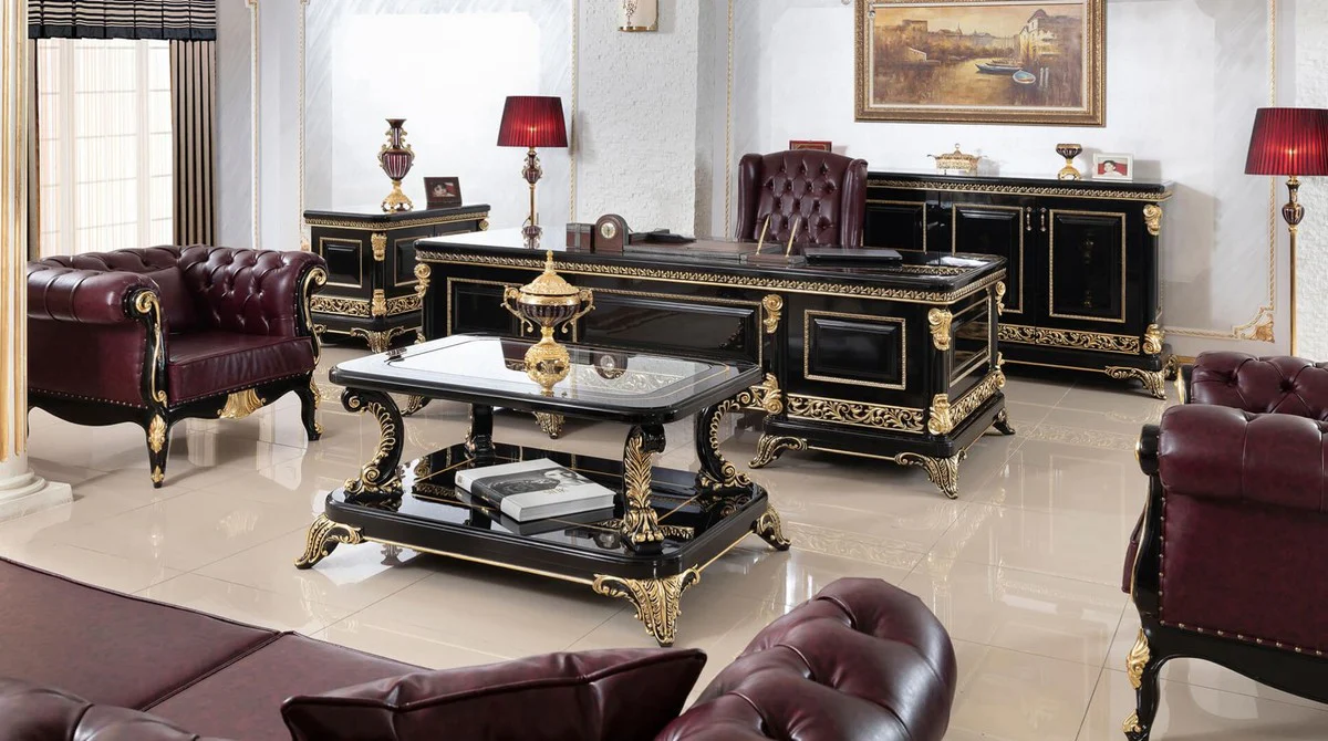 Casa Padrino silla de oficina de cuero barroco de lujo rojo burdeos / negro / oro - Silla de escritorio de cuero genuino ajustable en altura - Muebles de oficina de lujo estilo en barroco