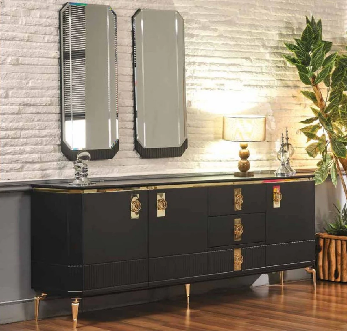 Casa Padrino aparador Art Deco de lujo negro / oro 200 x 41 x A. 77 cm - Gabinete noble de madera maciza con 3 puertas y 3 cajones - Muebles Art Deco - Muebles de lujo