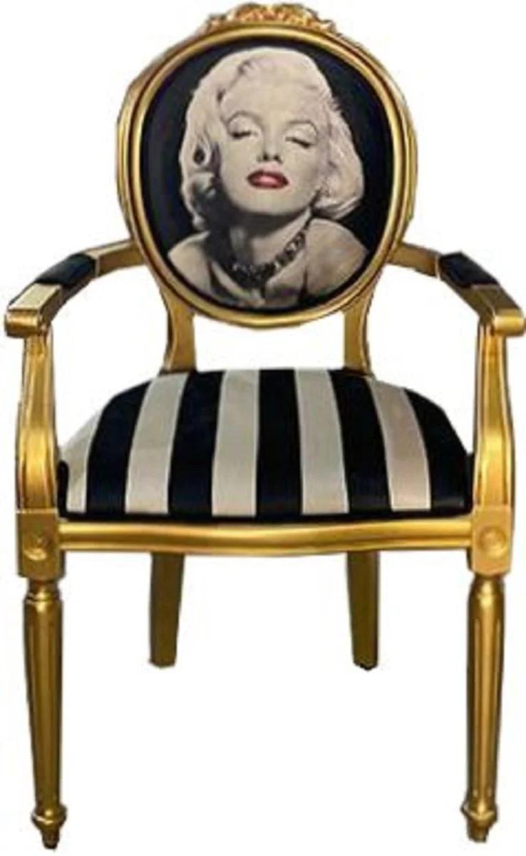 Casa Padrino silla de comedor barroco Marilyn Monroe negro / blanco / oro - Silla de estilo antiguo hecha a mano con reposabrazos - Muebles de comedor de estilo barroco