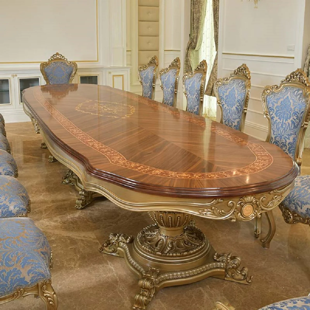 Casa Padrino Mesa de Comedor Barroco de Lujo Marr¨®n Marqueter¨ªa / Oro 420 cm - Muebles Barrocos - Hecho en Italia