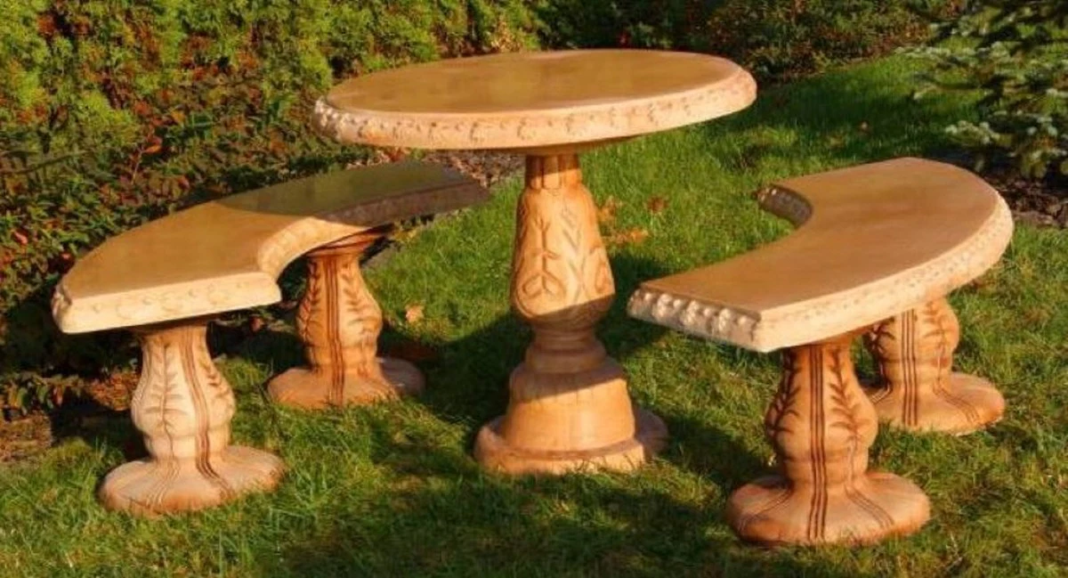 Casa Padrino Conjunto de Muebles de Jardín de Piedra Beige - 1 Mesa de Jardín Redonda y 2 Bancos de Jardín Curvos - Muebles de Jardín y Terraza Oriental