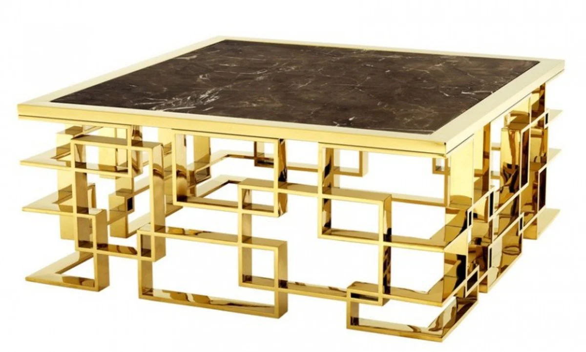 Casa Padrino Art Deco luxury coffee table Steel / Gold Finish with marble top 100 x 100 x H. 45 cm - living room coffee table - Hotel Furniture