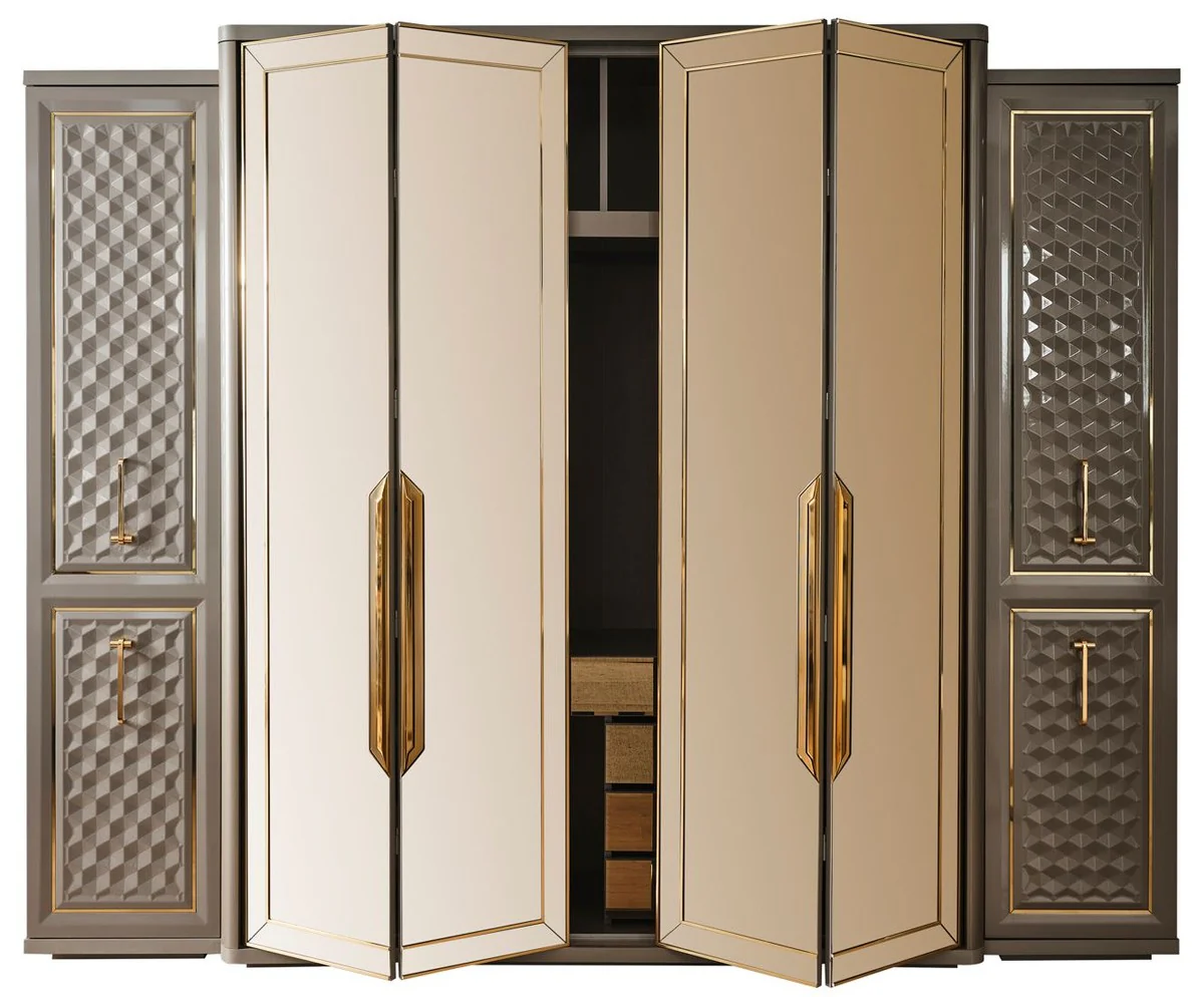 Casa Padrino armario de dormitorio Art Deco de lujo gris / oro 280 x 60 x A. 229 cm - Armario con espejo de 4 puertas - Muebles de dormitorio - Muebles Art Deco - Muebles de lujo
