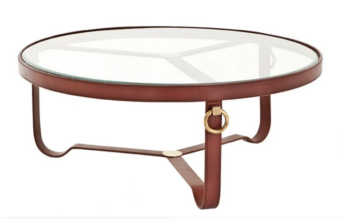 Casa Padrino luxury designer coffee table with glass top round real leather with brass mounts
