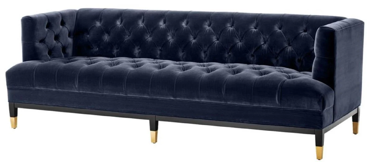 Casa Padrino sofá de la sala de estar de lujo azul medianoche / negro / latón 230 x 85 x H. 79 cm - Sofá Chesterfield de Terciopelo