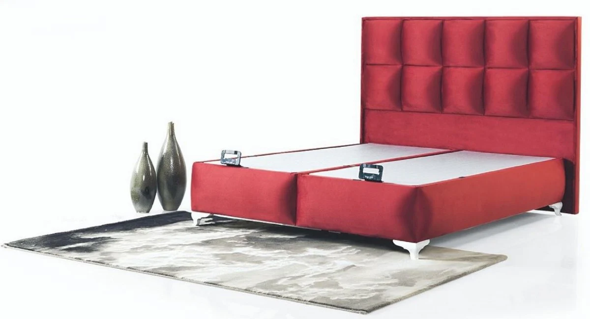 Casa Padrino cama doble de lujo rojo burdeos / blanco - Cama moderna de madera maciza - Muebles de Dormitorio y de Hotel Moderno - Colección de Lujo