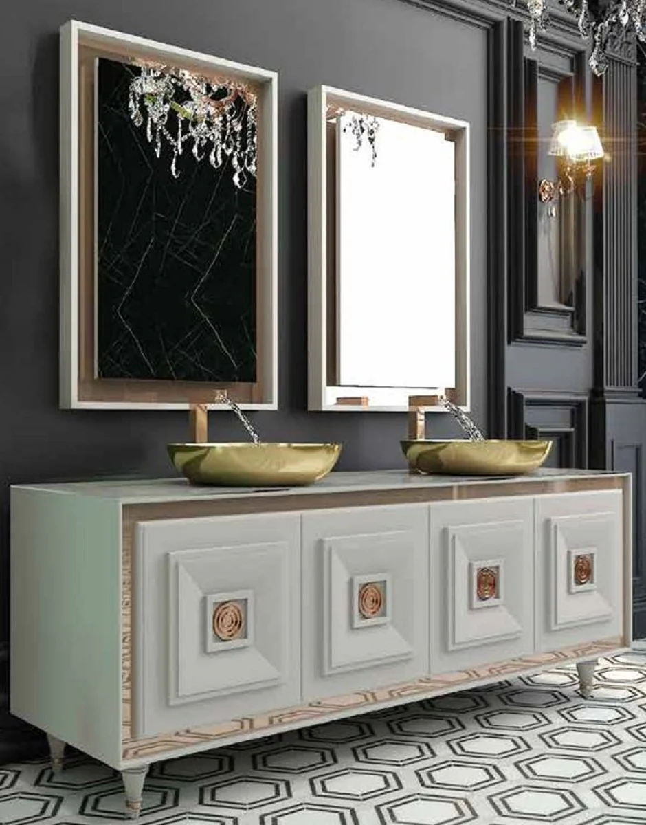 Casa Padrino Conjunto de Baño de Lujo Blanco / Bronce / Oro - 1 Mesa de Lavado con 4 Puertas y 2 Lavabos y 2 Espejos de Pared - Muebles de Baño de Lujo