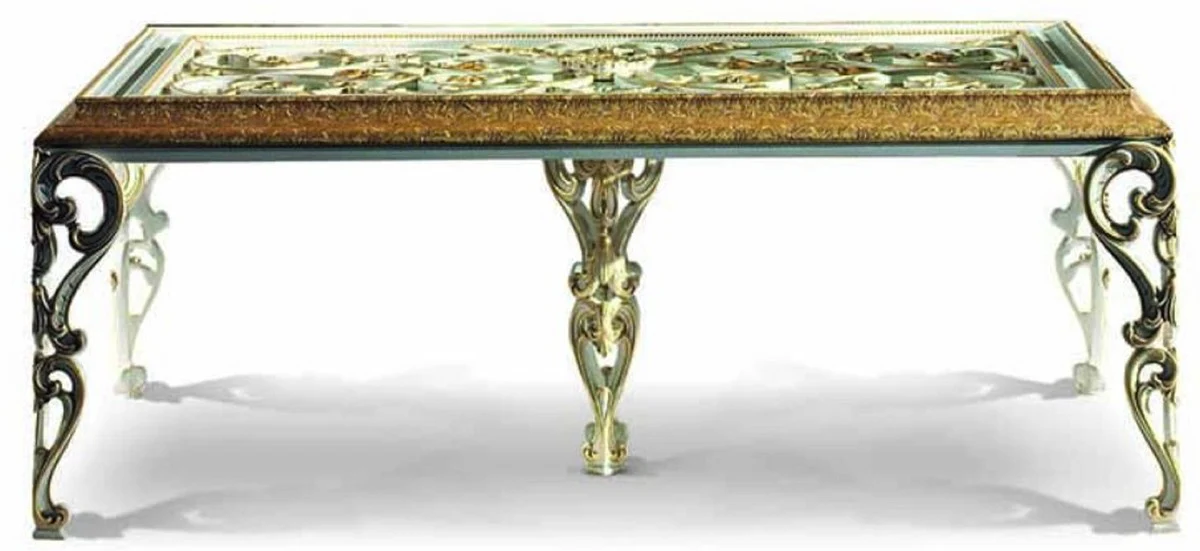Casa Padrino mesa de comedor barroco de lujo con tapa de vidrio marfil / oro 212 cm - Hecho en Italia