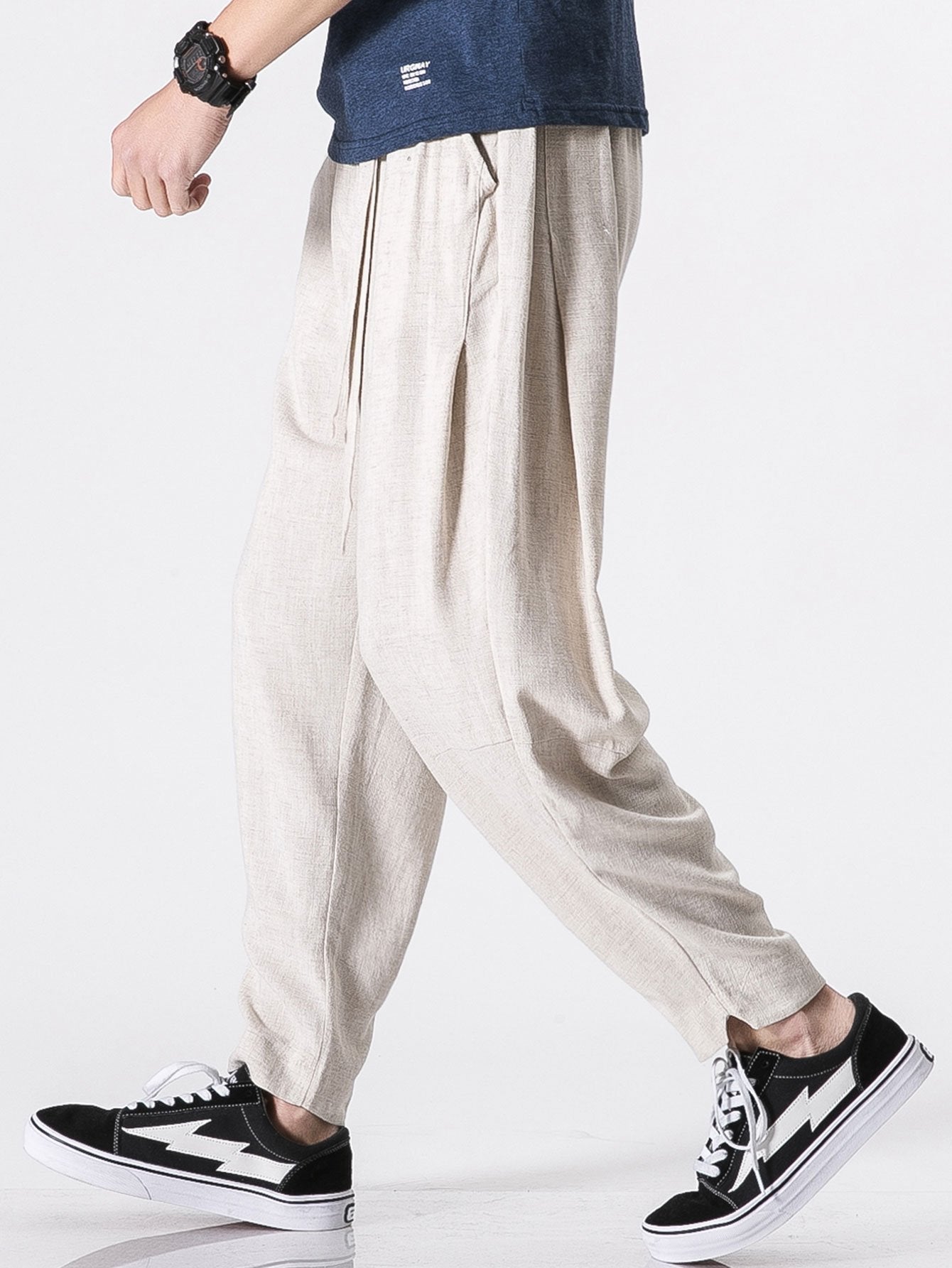 Detachable Belt Relax Fit Linen And Cotton Blend Harem Pants