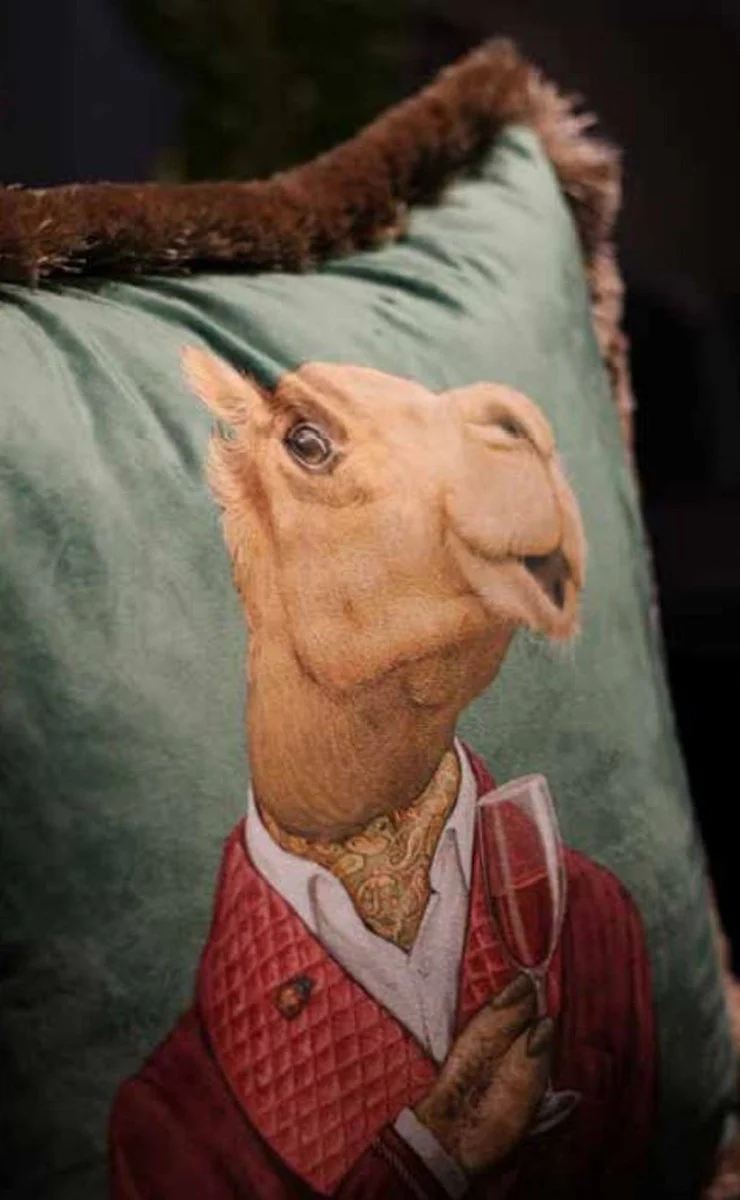 Casa Padrino almohada decorativa de lujo caballero camello verde / multicolor / marrón 45 x 45 cm - Almohada de terciopelo estampada con flecos - Calidad de Lujo