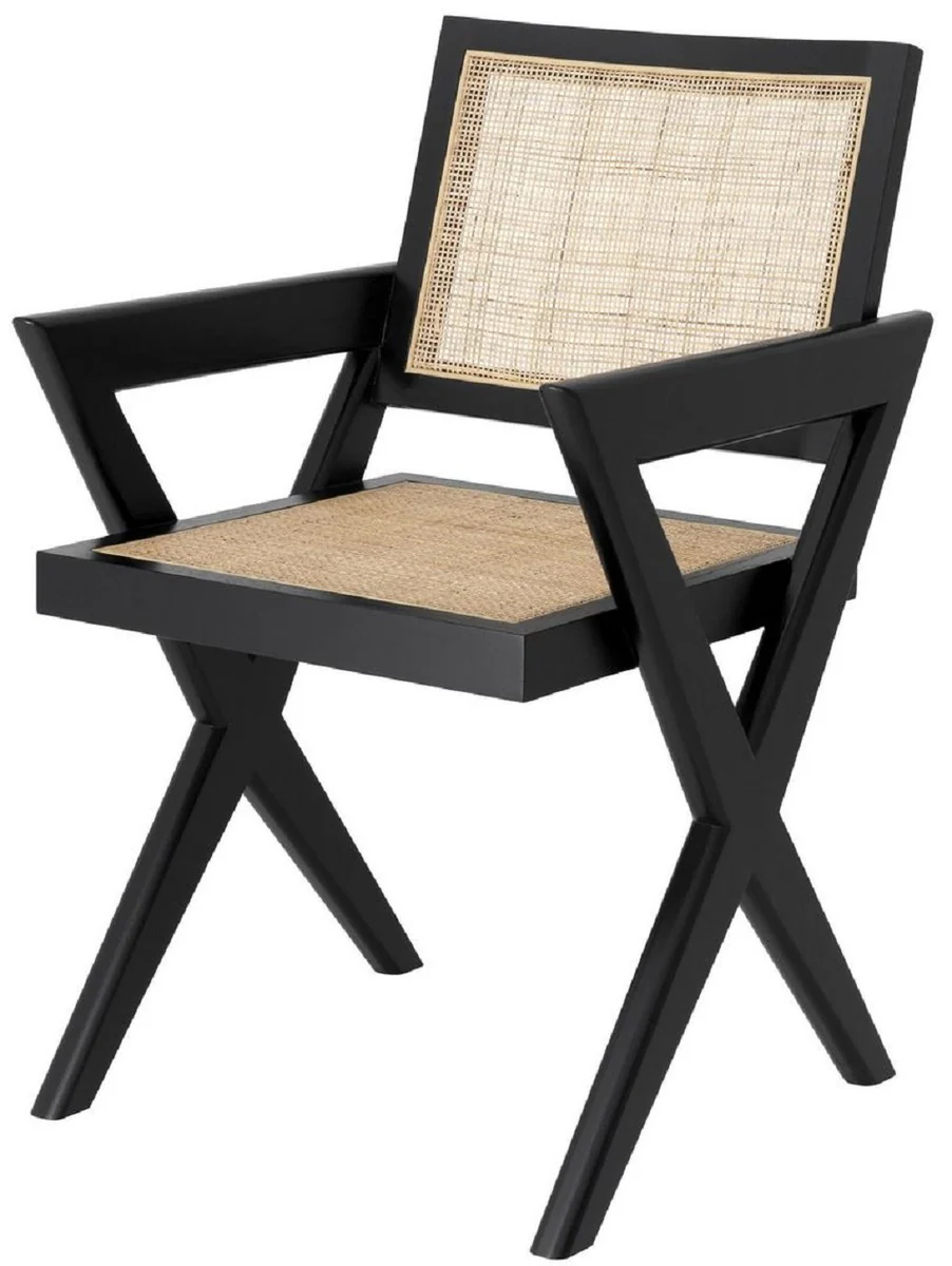 Casa Padrino silla de comedor de lujo negro / natural 53 x 57 x A. 84,5 cm - Silla de madera maciza con reposabrazos y rat¨¢n tejido a mano - Muebles de comedor de lujo