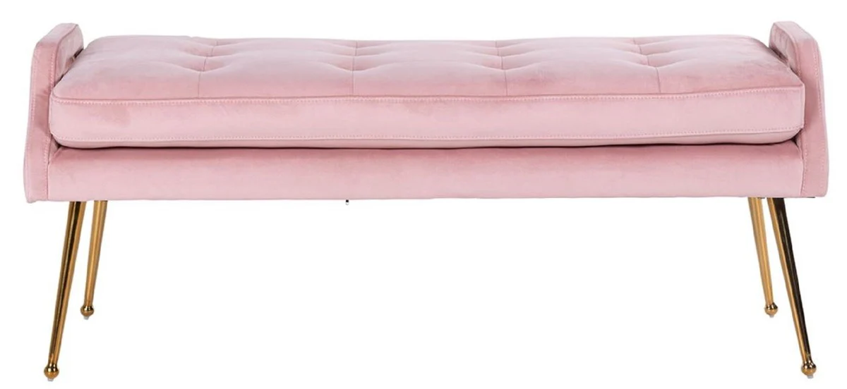 Casa Padrino banco de terciopelo de lujo rosa / oro 121,5 x 45 x A. 51,5 cm - Banco tapizado de madera maciza con terciopelo fino y patas de acero inoxidable - Colección de Lujo