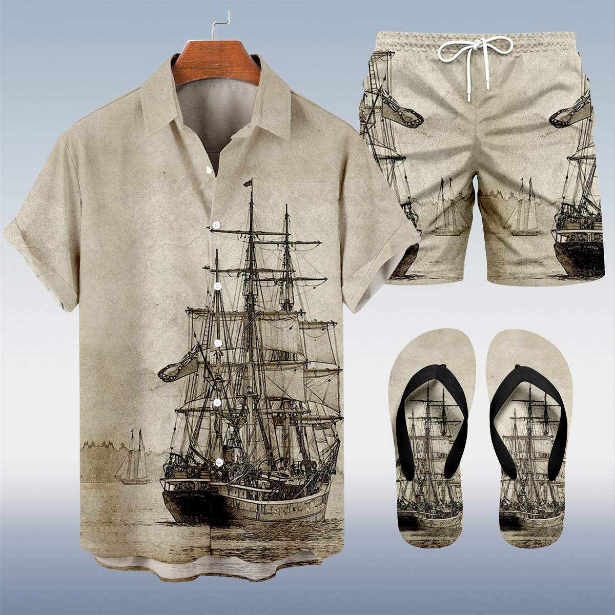 Suitmens Men's Hawaiian Navigation Bowling Print Shirt Three-Piece Set 052