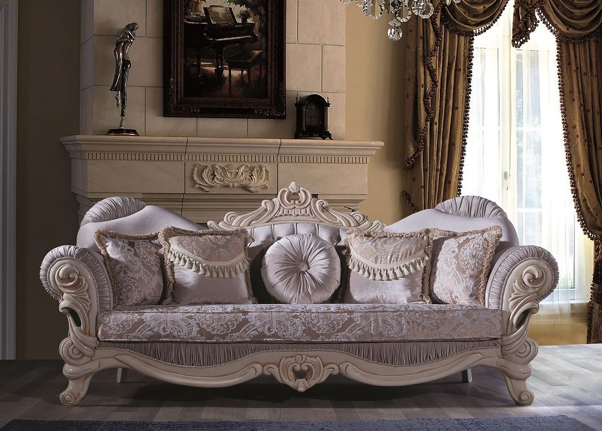 Casa Padrino sof¨¢ de sal¨®n barroco de lujo con pedrer¨ªa y almohadas decorativas lila / crema / beige 230 x 85 x A. 110 cm - Noble y Adornado