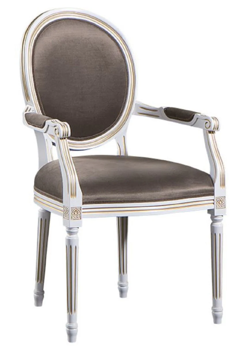 Casa Padrino Silla de Comedor Barroco de Lujo con Reposabrazos Blanco / Oro / Gris 59 x 43,5 x H. 98 cm - Muebles de Comedor en Estilo Barroco