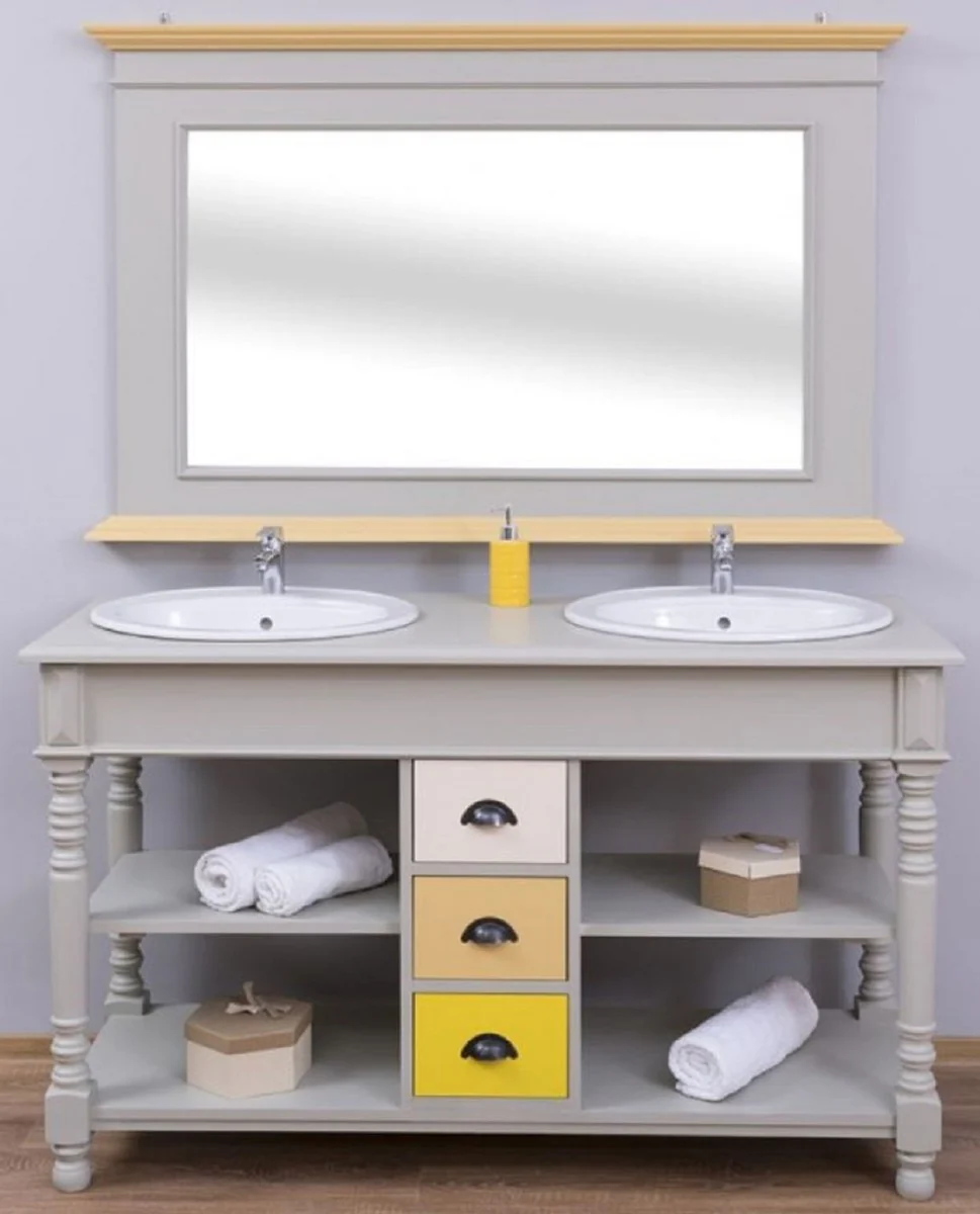 Casa Padrino Conjunto de Baño de Estilo Campestre Gris / Natural / Multicolor - 1 Gabinete del Fregadero Doble y 1 Espejo de Pared - Muebles de Baño de Madera Maciza en Estilo Campestre