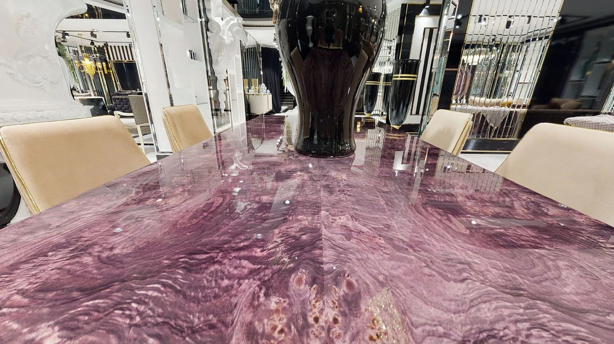 Casa Padrino mesa de comedor Art Deco de lujo p¨²rpura / beige / oro - Mesa de cocina de madera maciza hecha a mano con tablero de aspecto m¨¢rmol - Muebles de Comedor Art Deco