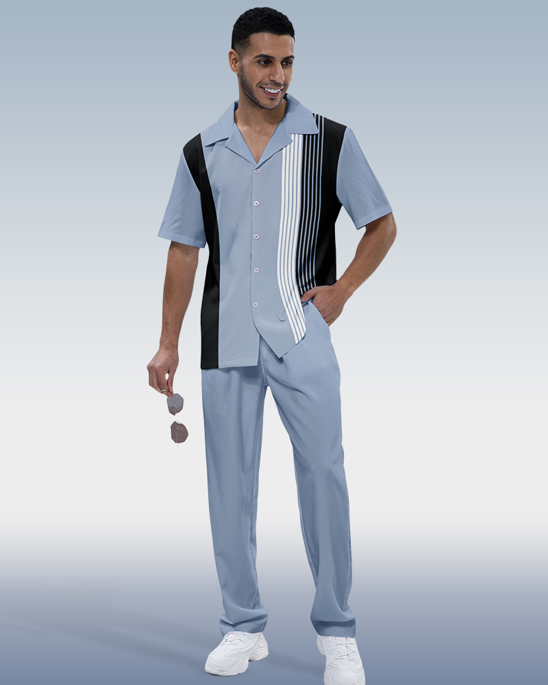 Suitmens Men's 2-piece short-sleeve suit with vertical stripes 002