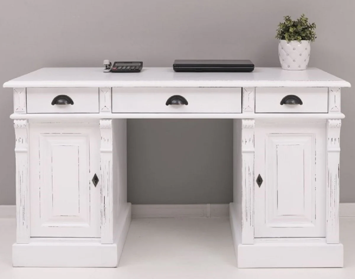 Casa Padrino escritorio de estilo campestre shabby chic blanco antiguo 140 x 70 x A. 78 cm - Mesa de oficina de estilo campestre - Muebles de oficina de estilo campestre shabby chic