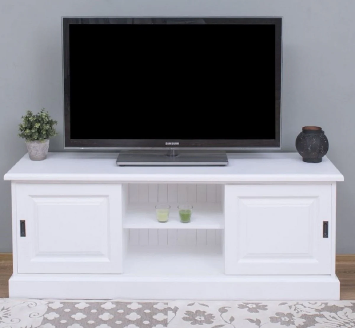 Casa Padrino armario de TV de estilo campestre blanco 160 x 46 x A. 60 cm - Aparador de madera maciza - Muebles de salón de estilo campestre