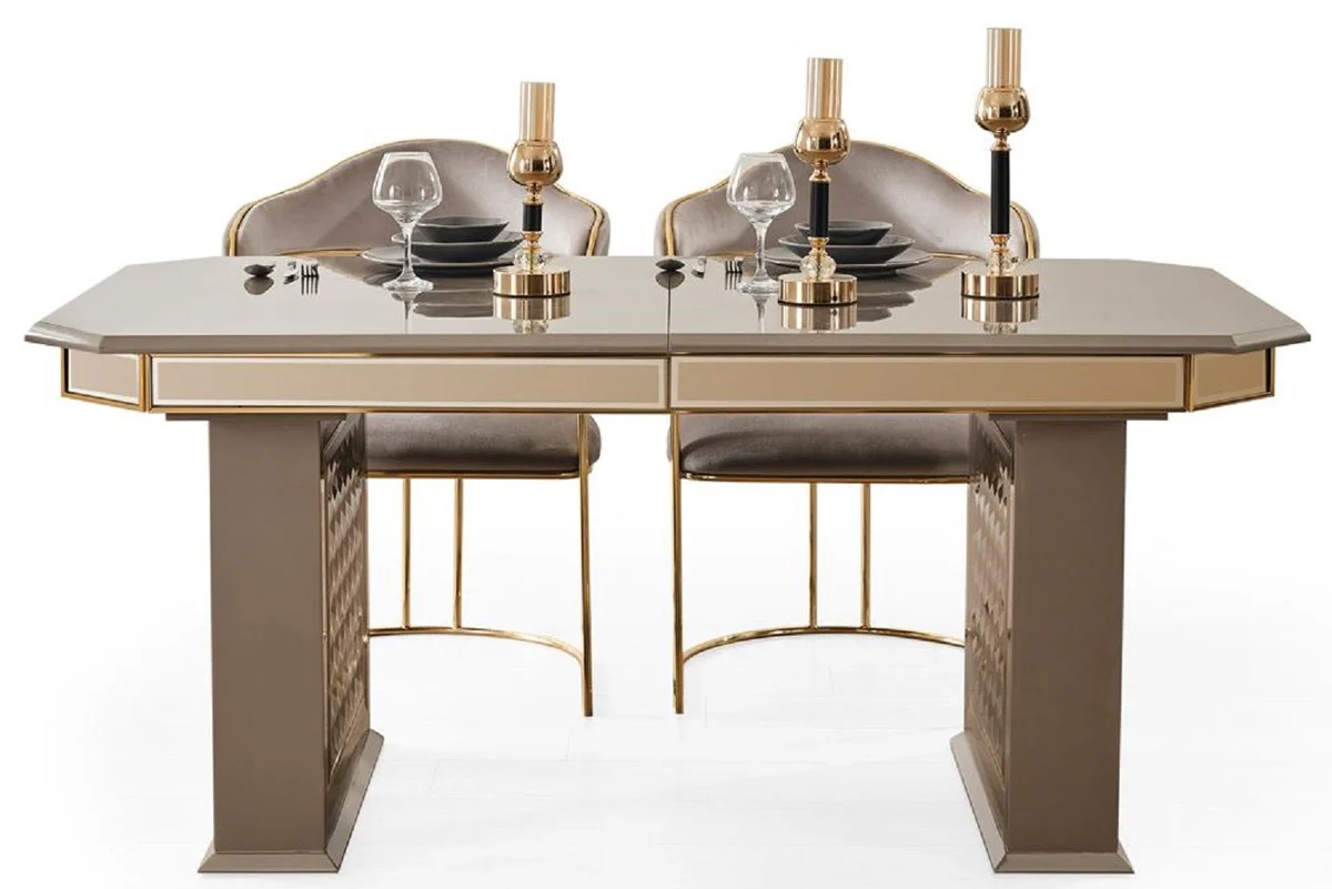 Casa Padrino conjunto de comedor Art Deco de lujo gris / oro - 1 Mesa de Comedor Extensible y 6 Sillas de Comedor con Reposabrazos - Muebles de comedor - Muebles Art Deco - Muebles de lujo