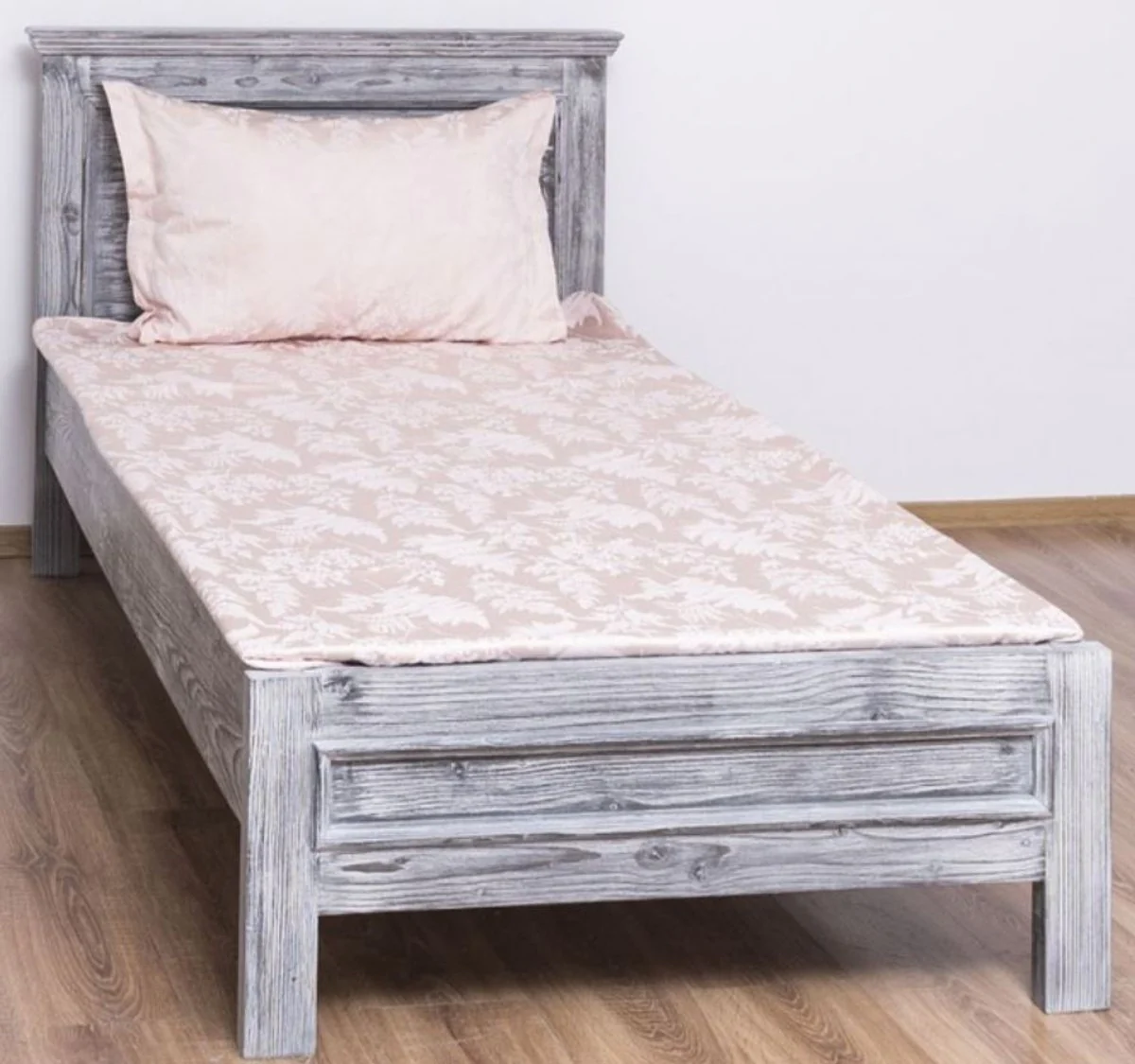 Casa Padrino cama de madera maciza de estilo campestre gris antiguo 90 x 200 x A. 93 cm - Cama Individual de Madera Maciza - Muebles de Dormitorio de Estilo Campestre
