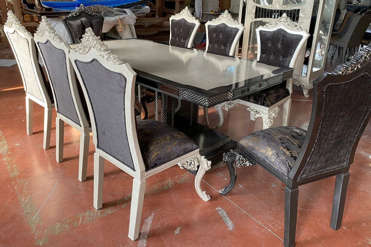 Casa Padrino conjunto de comedor barroco de lujo crema / azul / oro - 1 Mesa de Comedor Barroco y 6 Sillas de Comedor Barrocos - Muebles de comedor de lujo estilo barroco