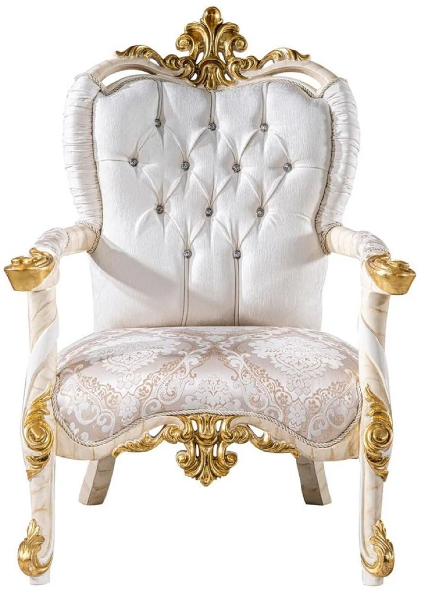 Casa Padrino sill¨®n barroco de lujo blanco / marr¨®n / blanco / beige / oro - Magn¨ªfico sill¨®n de sal¨®n con pedrer¨ªa - Muebles de sal¨®n de estilo barroco - Muebles de lujo de estilo barroco