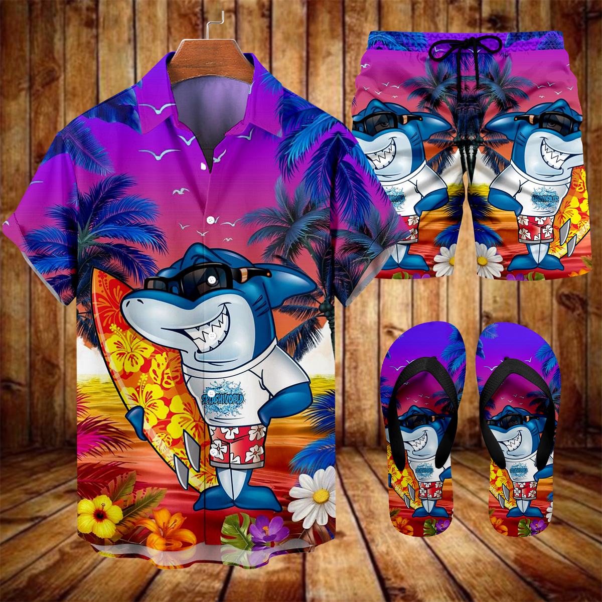 Suitmens Men's Tiki Party Hawaiian Vacation Print Three-Piece Set 022