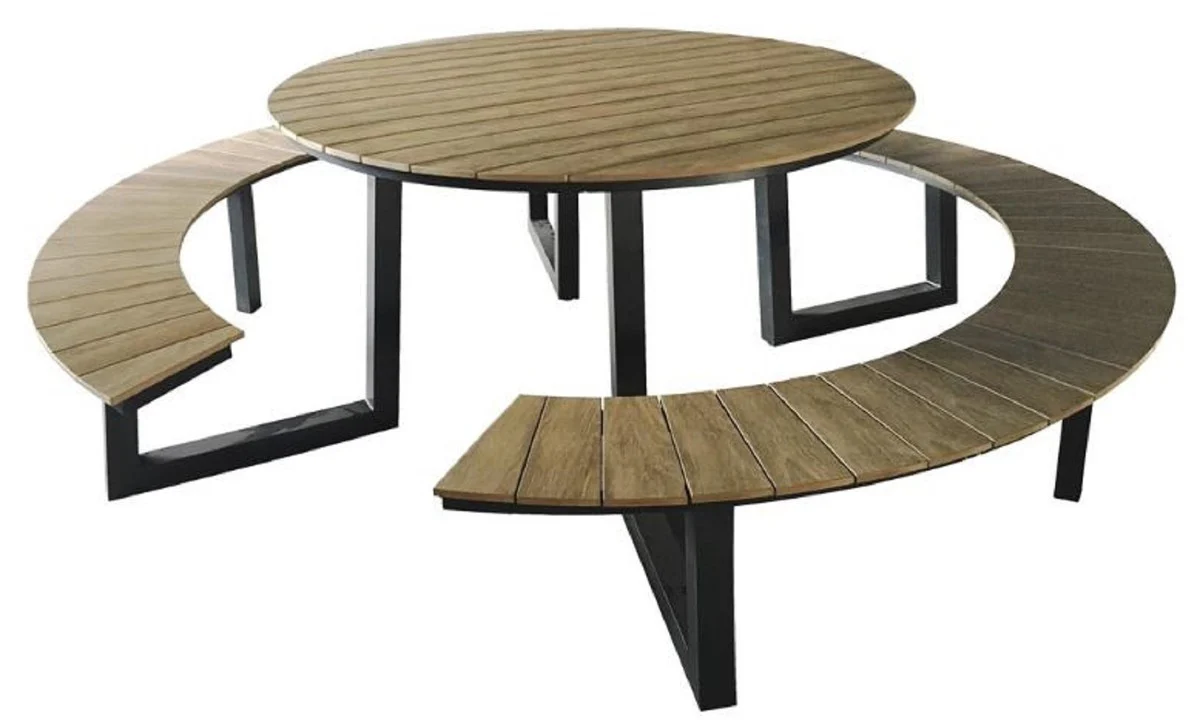 Casa Padrino mesa de jardín de lujo con bancos integrados marrón / antracita Ø 239 x A. 74 cm - Muebles de picnic - Muebles de jardín - Muebles de gastronomía - Muebles de exterior