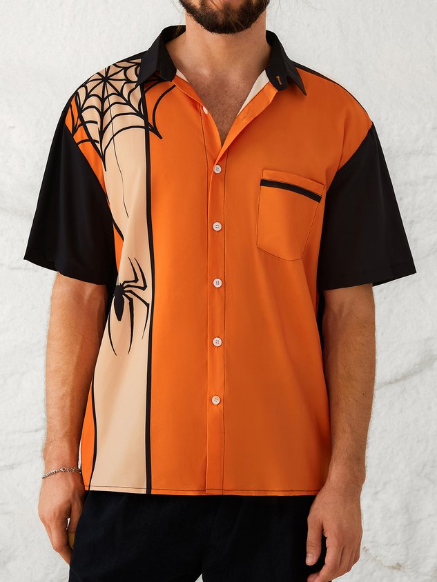 Mens Funky Halloween Spider Print Front Buttons Soft Breathable Chest Pocket Casual Aloha Shirt